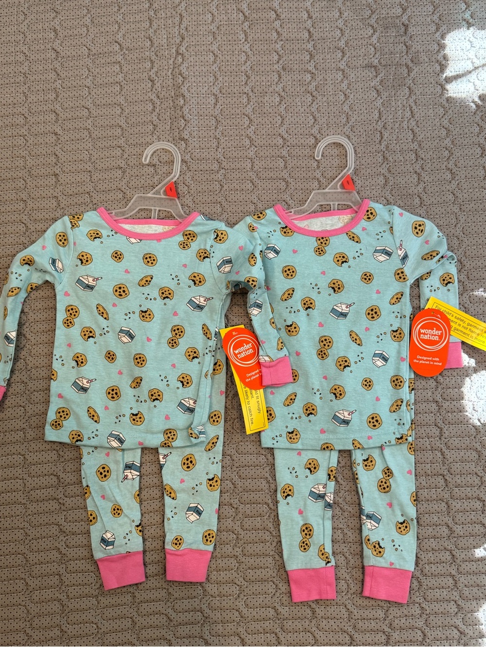 2 wonder nation Blue Cookie & Milk Print Kids Pajama Set with Pink Trim